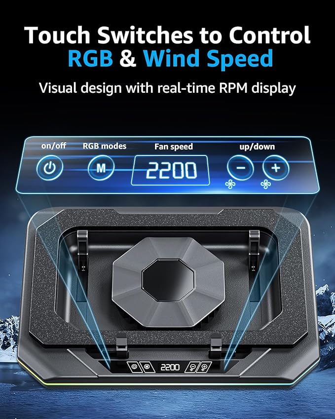 Gaming Laptop Cooling Pad, Height Adjustable Laptop Fan Cooling Pad for Max 19 Inches Notebook, RGB Laptop Cooler Stand with Powerful Turbofan (3500 RPM), Touch Control