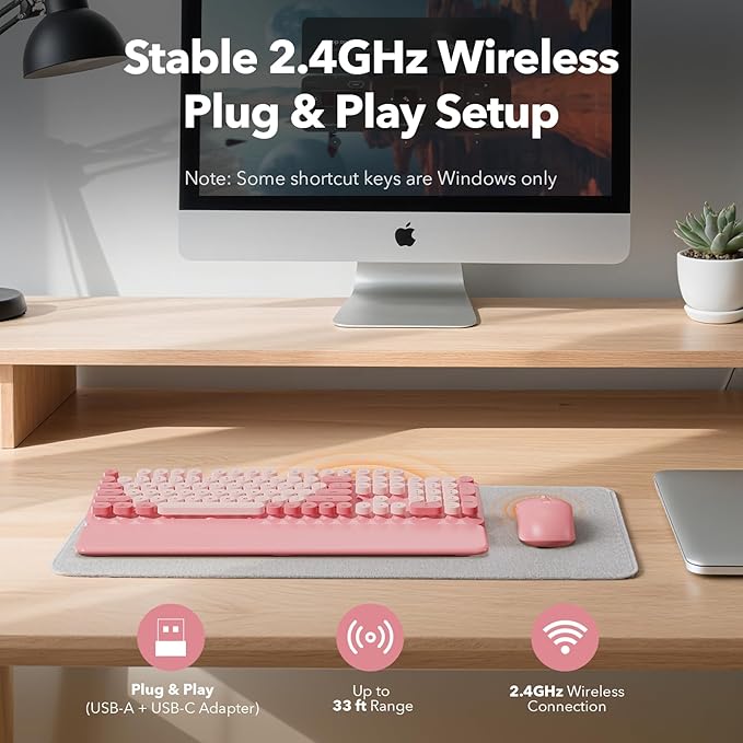 Wireless Keyboard and Mouse Combo with Detachable Magnetic Wrist Rest, Retro Typewriter-Style Keyboard, Round Keycaps, Adjustable Legs, 3-Level DPI Mouse, 2.4GHz for Windows PC/Laptop (Blush Pink)