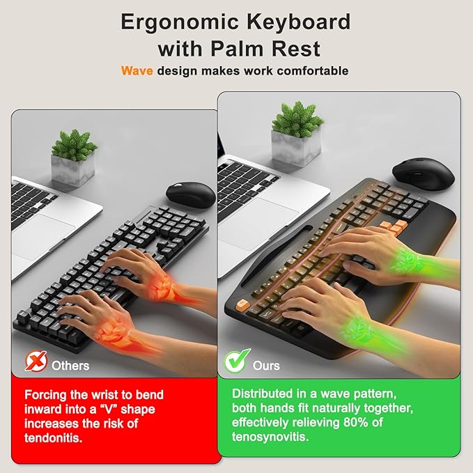 Wireless Keyboard and Mouse Combo, 2.4G Full Size Wave Keys Ergonomic Keyboard with Wrist Rest, Phone Holder, 3-Level DPI Wireless Silent Mouse with 6-Buttons, for Windows, Mac OS (Orange Black)
