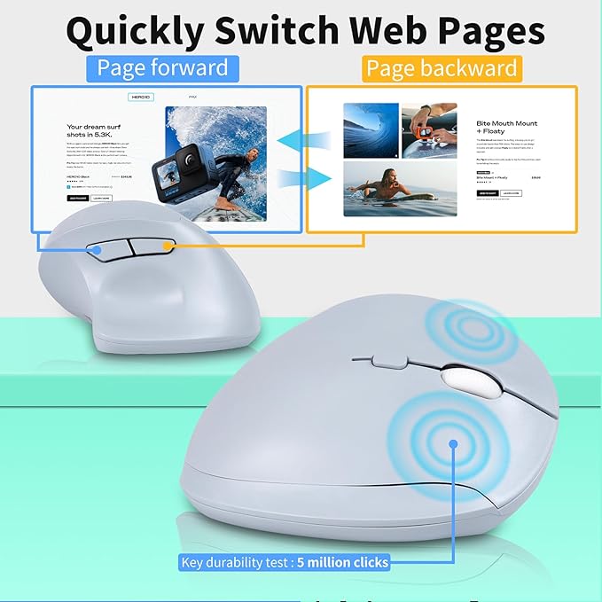 Wireless Silent Ergonomic Vertical Mouse - Dual Mode 2.4G/Bluetooth, Rechargeable Type C, Pain Relief for Office and Home Use, Compatible with Laptop & PC (Blule)