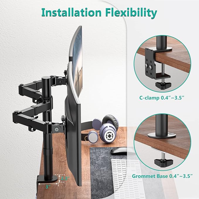 Dual Monitor Stand for 13-27'' Screens, Dual Monitor Arms for 2 Monitors up to 22 lbs, Adjustable Dual Monitors Desk Mount with C-Clamp and Grommet, VESA 75/100mm, Black