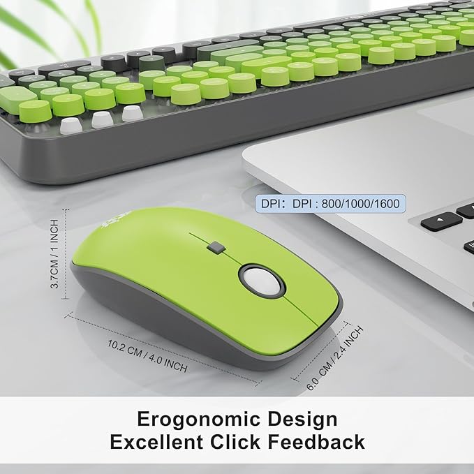 Wireless Keyboard and Mouse Combo, 104 Round Keys Cute Colorful Keyboard and Mouse with Retro Typewriter for PC Mac Laptop Tablet Computer Windows Gray Green