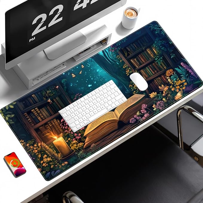 Gothic Desk Mat Gaming Desk Pad Blue Forest Large Mouse Pad, Mysterious Library Mouse Mat XXL Laptop Keyboard Pad, Vintage Gamer Mouse Pad Full Mousepads for School Office Home 31.5"x15.7"