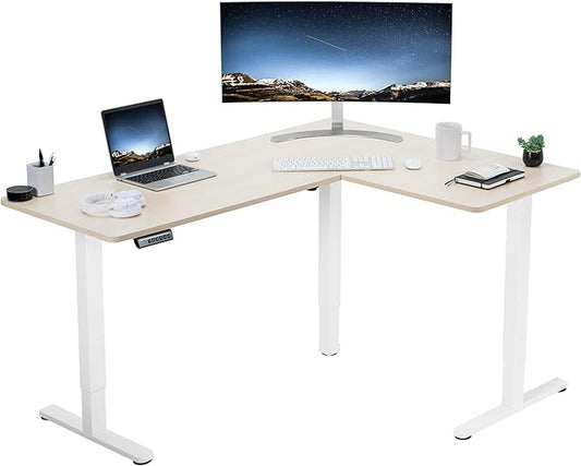 VIVO Corner Standing Desk, 63 x 47 inch Reversible L-Shaped Workstation, Electric Height Adjustment, Home, Office, and Reception Rooms, Light Wood Table Top White Frame, DESK-E3CTWC-47