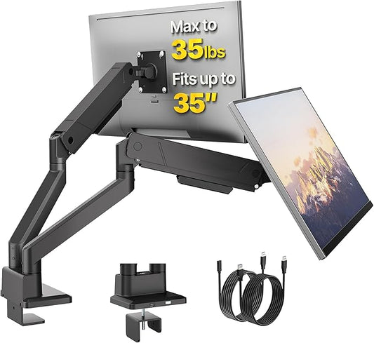 monTEK Dual Monitor Mount with USB Monitor Arms for 2 Monitors for 17 to 35 Inch Curved Screen Holds 35 Lbs Adjustable Heavy Duty Monitor Desk Mount Cable Management, VESA 75/100mm