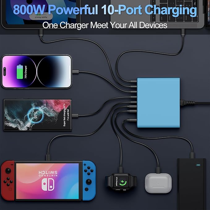 800W USB C Charger Block,10-Port Charging Station GaN Fast Charging Type C & USB A Wall Charger Adapter for MacBook Pro/Air,iPhone,iPad,Dell XPS,Samsung Galaxy(Blue)