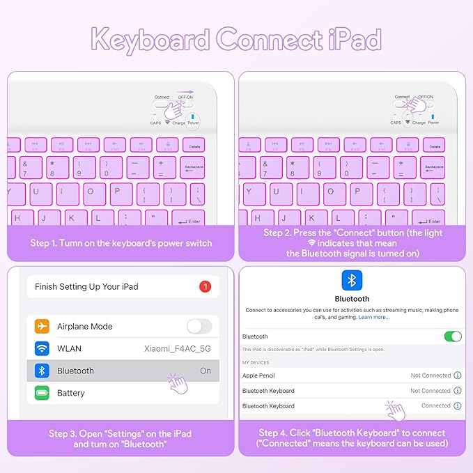 YBING Keyboard Case for iPad 10th Gen 10.9 inch(2022) & 11th Gen(A16, 2025), 7-Color Backlit Detachable Keypad & Rotatable Magnetic Case with Pencil Holder (Purple)
