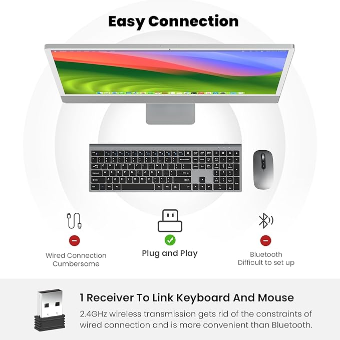 Rechargeable Wireless Keyboard and Mouse Combo, Full Size Silent Ergonomic Scissor Switch Keyboard and Optical Mouse Set, 2.4G Lag-Free Cordless Keyboard Mice for Computer,Mac,Laptop,PC,Windows-Grey