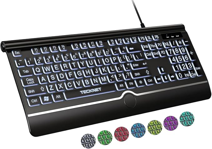 TECKNET Large Print Backlit Keyboard, Wired USB-A Computer Keyboard with Wrist Rest, 7-Color Backlit, Oversized Letter Keys Easy to See, Plug-and-Play, Silent, Light Up Keyboard for Windows/PC/Laptop