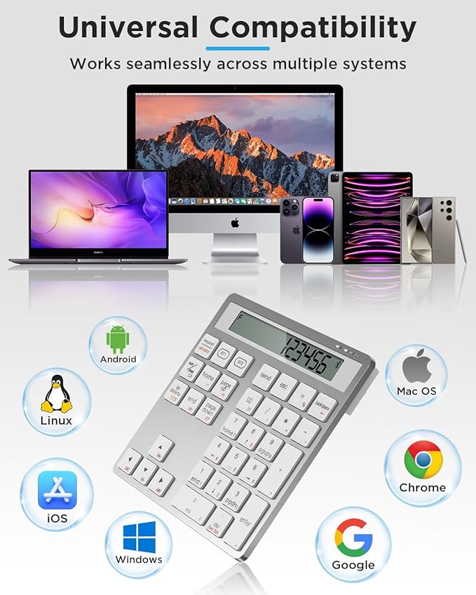 HoRiMe Number Pad for Laptop - Rechargeable Wireless Number Keypad 34 Keys with Dual Bluetooth, 2 in 1 Numeric Keypad Calculator with Display - Portable Slim Numpad for Windows, Mac, iMac, PC, Tablet
