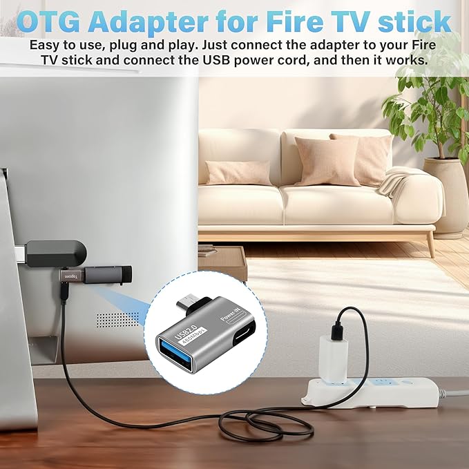 2 Pack OTG Cable Adapter for Fire TV Stick,90 Degree Left & Right Angle Powered Micro USB to USB OTG Adapter for Android Phone Tablet and More Host Devices with Micro USB (with 2 USB A to Micro Cable)
