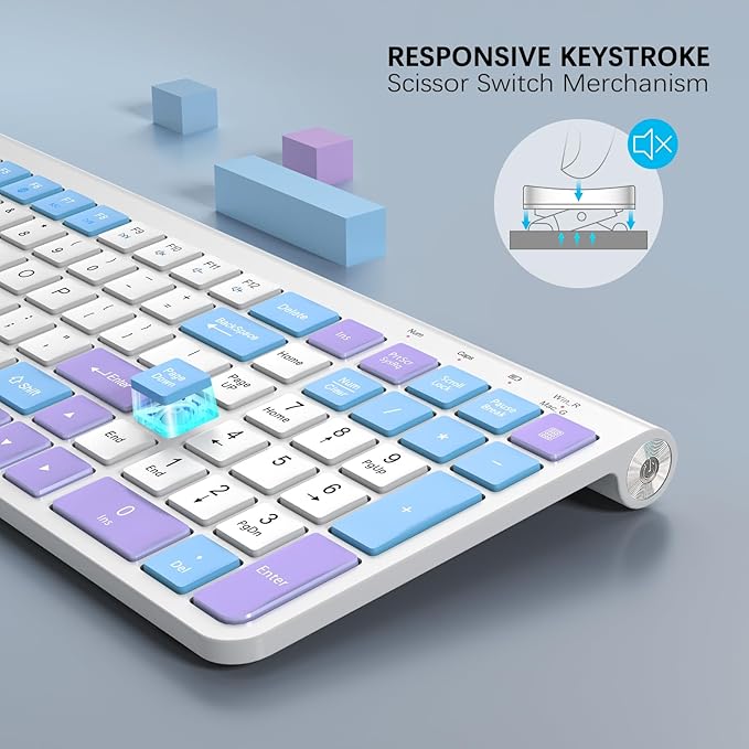 JOYACCESS Wireless Keyboard,Ergonomic Computer Keyboard,Silent Compact Cordless,Low Profile with Numeric Pad for Mac/Windows/PC/Desktop/Laptop-Purple Blue