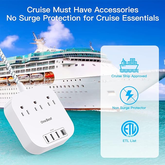 Power Strip with USB C, 3 Outlets 4 USB Ports (22.5W/4.5A) Desktop Charging Station, Flat Plug, 15ft Braided Extension Cord, Non Surge Protector for Travel, Cruise Ship, ETL Listed