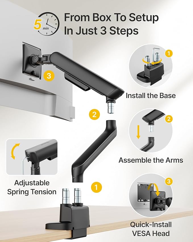 monTEK Dual Monitor Arm, Mechanical Spring Monitor Arm for 17-35" Screens, Adjustable Monitor Desk Mount Each Holds up to 26.4 lbs with C Clamp/Grommet Desk Mount, VESA 75/100mm