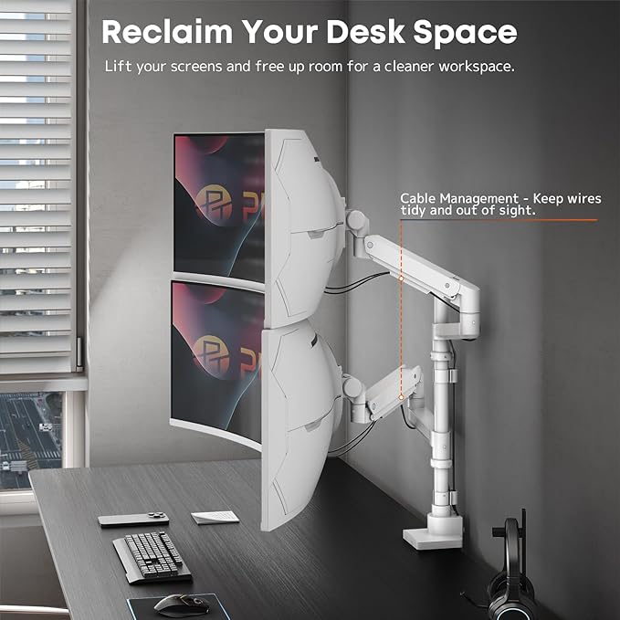 Dual Monitor-Arm Heavy-Duty for 17-57-Inch Screens - Ultrawide Vertical Dual Monitor Mount, Fully Adjustable Stacked Double Monitor Desk Mount Stand, Max Load 44 lbs per Screen, VESA 75/100 mm, White
