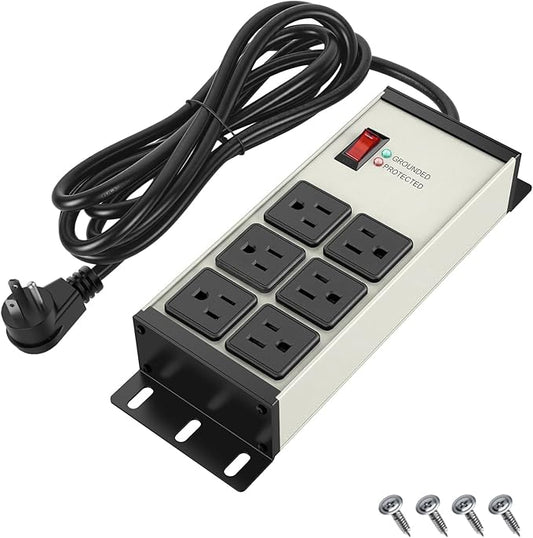 Heavy Duty Power Strip Surge Protector 2500J, 15A 1875W 6 Outlets Extension Cord 6FT 14AWG with Flat Plug, Metal Power Strip for Kitchen Appliances, Workshop, Garage & Office (Gray, 6FT)