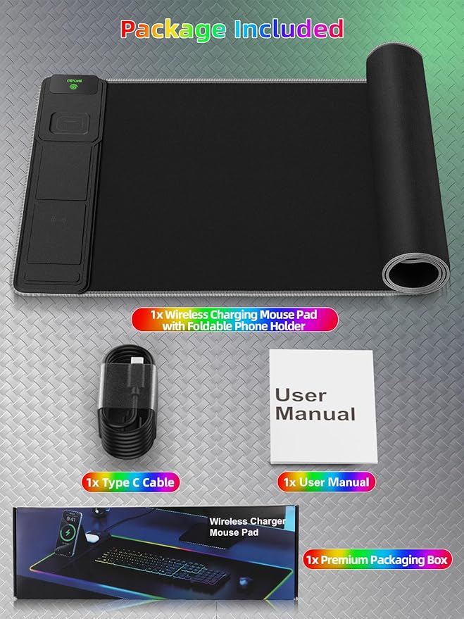 Mouse Pad with Wireless Charger Foldable Phone Holder, XXL RGB Gaming Mousepad 31.5"x15.8" Large Desk Mat for Keyboard, Black Desk Pad with Dual Qi Charging Station, 11 Colors 5 Modes