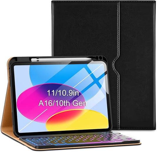 VIKESI Keyboard Case for iPad (A16,2025) 11th Generation/iPad 10th Generation Case (10.9" 2022),Premium Leather Smart Cover,Built-in Breathing Light,Function Row,Pencil Holder,Card Slots - Black
