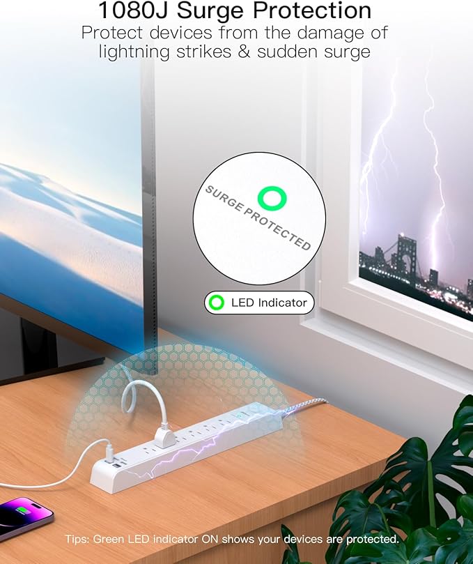 Flat Plug Extension Cord 25FT, Surge Protector Power Strip with 2 USB A Ports 2 USB-C 6 AC Outlets, USB Charging Station, Wall Mountable for Home, Office, Dorm Essentials, 1080J, ETL Listed