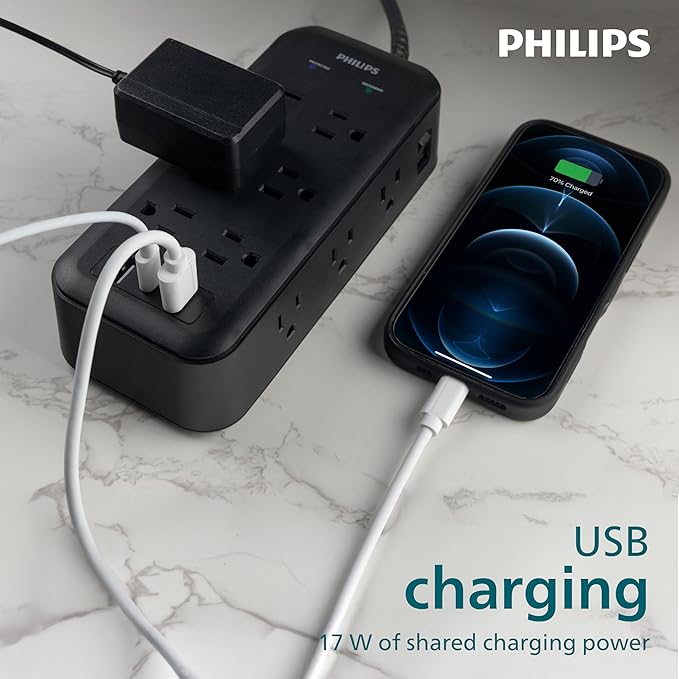 Philips Surge Protector, 12 Outlet, 2 USB-A, 1 USB-C, 17W, 3120J, Braided Cord, 8ft, Black
