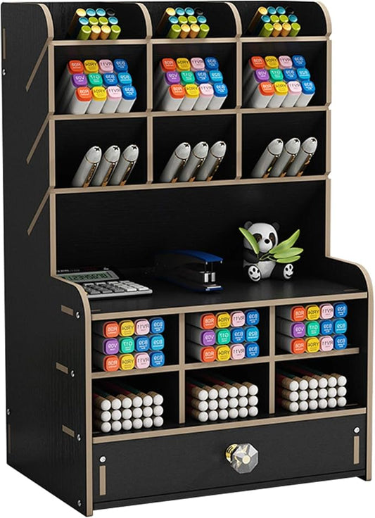Marbrasse Wooden Desk Organizer, Multi-Functional Pen Holder, Desktop Stationary Organizer, Storage Rack for School Home Office Art Supplies (B16-Black)
