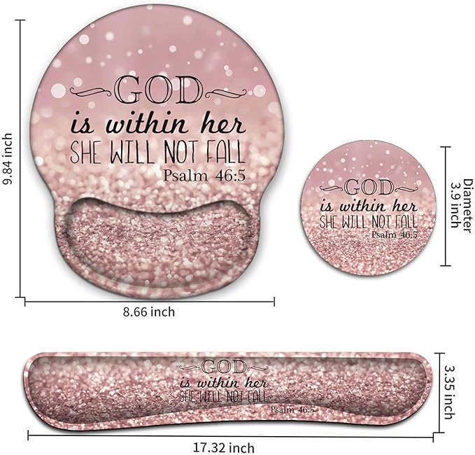 Keyboard Wrist Rest and Mouse Pad with Wrist Support, Ergonomic Mouse Pad Coaster, Easy Typing Pain Relief, Keyboard Mousepad Set,Psalm 46:5 God is Within Her,She Will Not Fall Pink Glitter