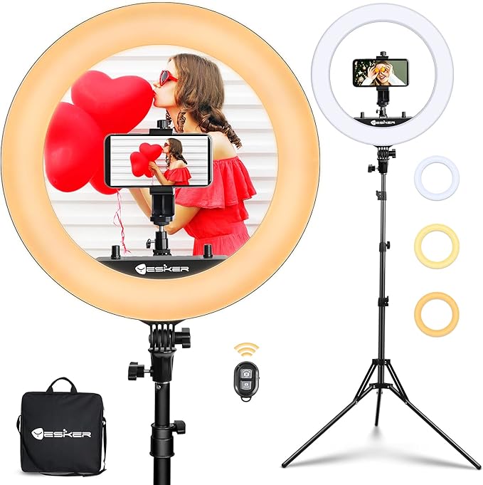 Yesker Ring Light 18 Inch with Stand Tripod Big Selfie Ringlight Adjustable 6000K Dimmable LED Portable Professional Ring Lights Kit Phone Holder for Camera Live Streaming Makeup YouTube Video TikTok