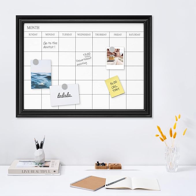 Navaris Framed Calendar Whiteboard for Wall - 18" x 24" Magnetic Dry Erase Monthly Planner - White Board with Frame - Includes Magnets and Marker