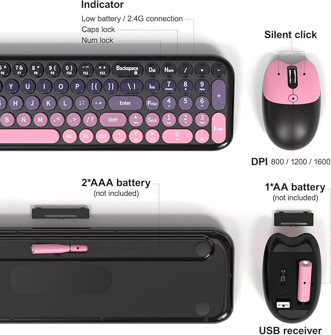 Wireless Keyboard and Mouse Combo, MOWUX Compact Typewriter Retro Round Computer Keyboard, Cute Optical Mouse Wireless, Plug and Play, for Laptop, PC, Computer- Plum Pink Gradient