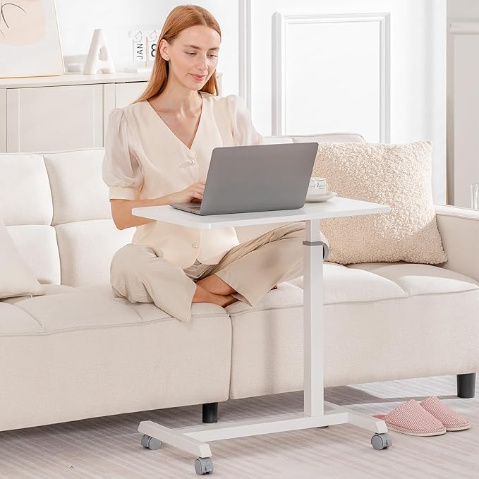 GTPLAYER Mobile Small Standing Desk, 24 inch Sit Stand Portable Rolling Laptop Desk with Lockable Wheels, Adjustable Height Overbed Bedside Table Computer Workstations, White
