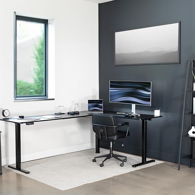 VIVO Corner Standing Desk, 84 x 63 inch Reversible L-Shaped Workstation, Electric Height Adjustment, Home, Office, and Reception Rooms, Black Table Top Black Frame, DESK-E3CTBB-84