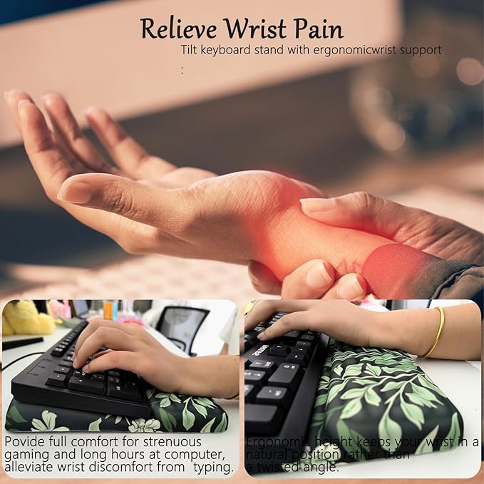 Computer Keyboard Stand Pad with Wrist Rest Easy Typing Sage Green Leaves Floral Keyboard Pad Support with Wrist Pad Ergonomic Tilted Keyboard Riser Holder for Desktop Office Home Black Flowers Floral