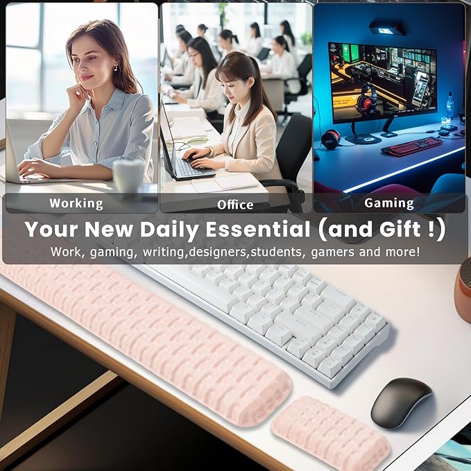 Ergonomic Pink Wrist Rest for Keyboard and Mouse, Memory Foam Wrist Cushion, Wrist Support for Keyboard, Laptop, Mac, Office, Work, Gaming