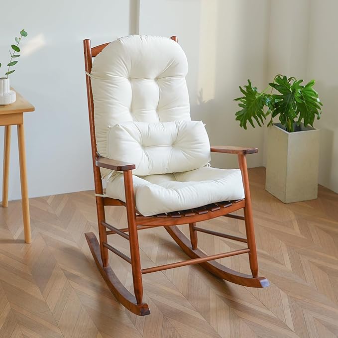 Rocking Chair Cushion Indoor Large Chair Pads Set with Ties Extra Lumbar Pillow Premium Dutch Velvet High Resilience Filler Non-Slip Bottom, Beige