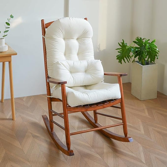 Rocking Chair Cushion Indoor Large Chair Pads Set with Ties Extra Lumbar Pillow Premium Dutch Velvet High Resilience Filler Non-Slip Bottom, Beige