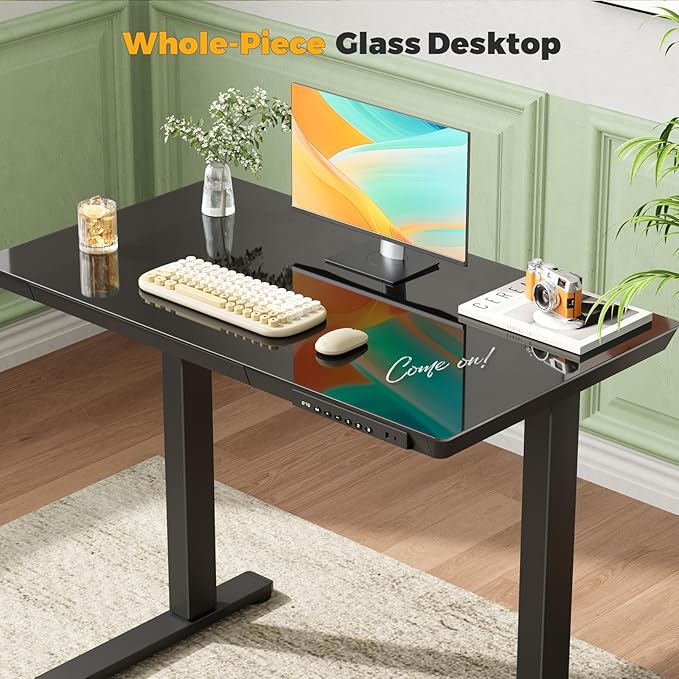 Glass Small Standing Desk with Drawer, 35" x 20" Whole Piece Tabletop Electric Sit Stand Table, Height Adjustable Workstation with Storage & USB Ports, Quick Install Home Office Desk