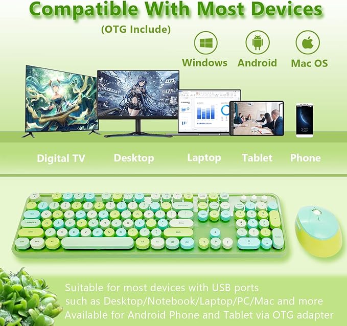 Wireless Keyboard and Mouse Combo, Ergonomic Cute Retro Typewriter Full Size Colorful USB Cordless Keyboard Mouse Set for Gaming and Office (Green)