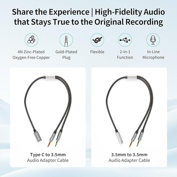 Headphone Splitter for Computer, KBEAR KA01 3.5mm Female to 2 Dual 3.5mm Male Braided Audio Adapter Cable, Y Splitter Audio Cable-Separate Microphone & Headphone Port Gaming Headset Earphone Adapter