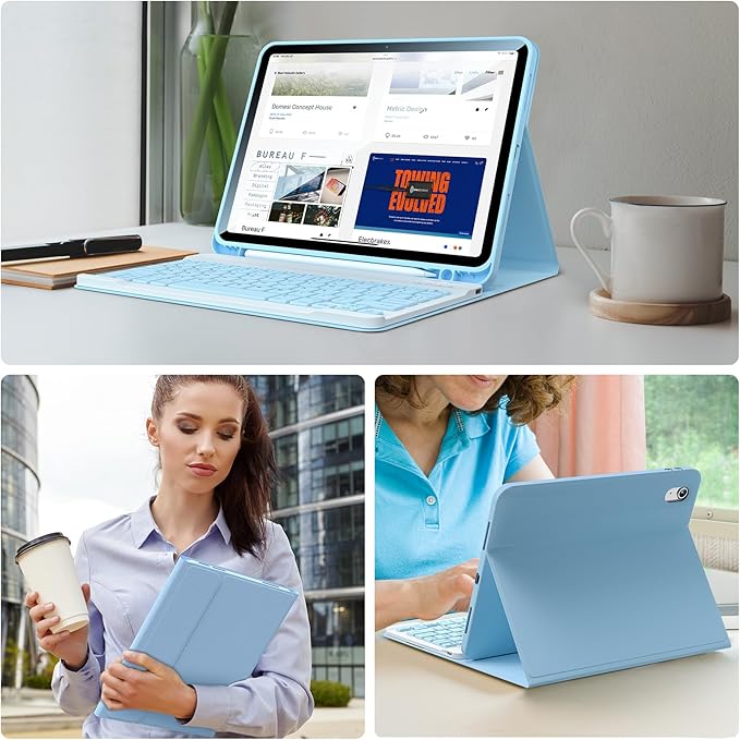 iPad 10th Generation Case with Keyboard Magnetic Detachable BT Keyboard Case Premium Protective Cover & Pencil Holder for Apple iPad 2022 10.9 Inch (Sky Blue)