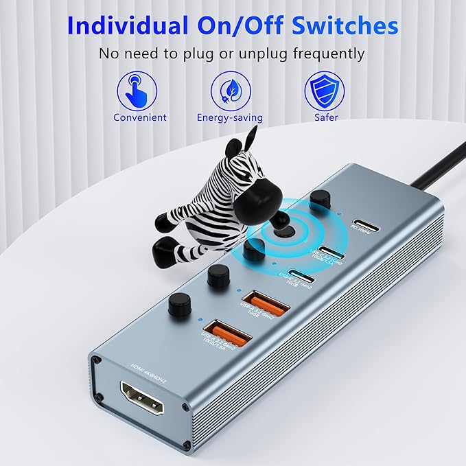 10Gbps USB C Hub Multiport Adapter, 6 Ports USB C Splitter with 4 USB 3.2 Gen 2 Ports, 4K@60Hz HDMI, 100W PD, Touch Switch, USBC to USB Hub for MacBook, iPad, HP, Dell (Not Support Type-C Monitor)