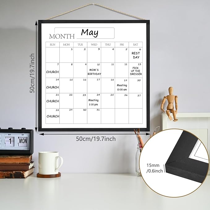 Umtiit Monthly Calendar Dry Erase Whiteboard 19.7 x 19.7 inch(50 x 50 cm), Black Wood Frame, Magnetic Surface Whiteboard for Planning/Schedule/School Timetable/Memo(YLBB-5050BK,US)