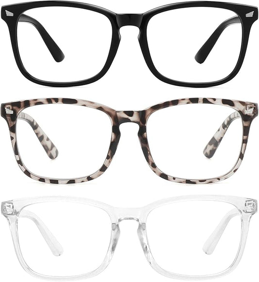 MEETSUN Blue Light Blocking Glasses, Anti Eye Strain Headache (Sleep Better),Computer Reading Glasses UV400 Transparent Lens (Black+Leopard+Clear, 53)
