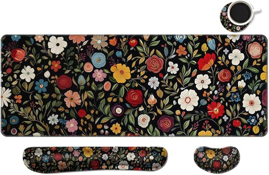 MIBITRI Keyboard Mouse Pad Set, Extended Gaming Mouse Pad+Ergonomics Keyboard Wrist Rest Support, Memory Foam, Easy Typing Pain Relief, 4Pcs XXL Ultra Thick Desk Mat, Red Florals