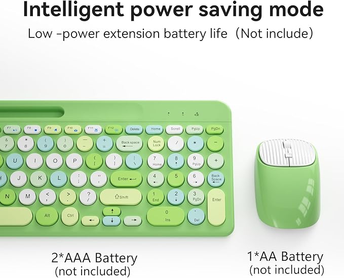 Retro Wireless Keyboard and Mouse Combo, Full-Size USB Keyboard with Round Keycaps, 2.4GHz Wireless for Desktop, Laptop and Computer (Green-Colorful)