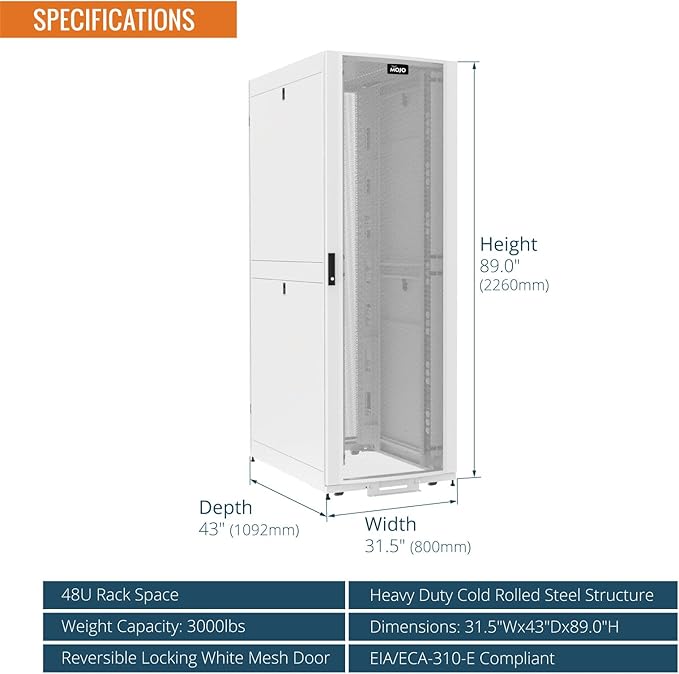 Tecmojo 48U Server Rack Cabinet - PRE-Assembled 32inch Width 43inch Depth IT Network Equipment Cabinet Rack Enclosure with Casters - 3000lbs Weight Capacity, White