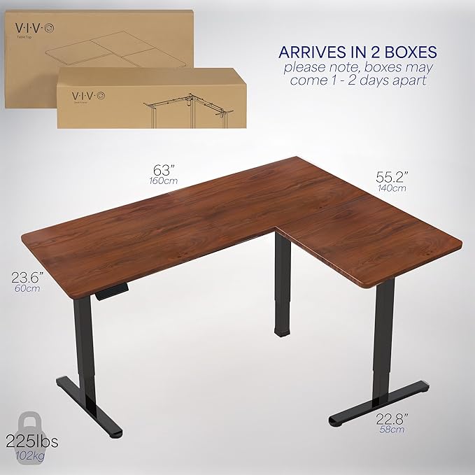 VIVO Corner Standing Desk, 63 x 55 inch Reversible L-Shaped Workstation, Electric Height Adjustment, Home, Office, and Reception Rooms, Dark Walnut Table Top Black Frame, DESK-E3CTD