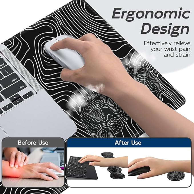 Gaming Mouse Pad Set, Map Lines Vector Large Desk Mat Mousepad, Keyboard Wrist Support, Mouse Wrist Rest, Coaster 4in1 Ergonomic Memory Foam, Non-Slip Stitched Edge for Home Office