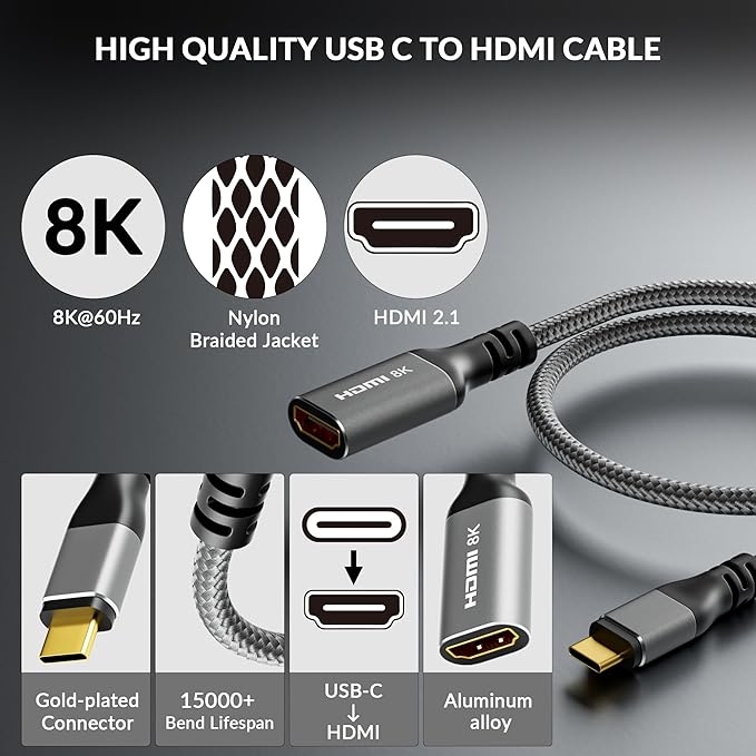 8K USB C to HDMI Adapter, Type-C Male (Source) to HDMI Female (Screen) converter connector [Thunderbolt 3/4 Compatible],8K@60Hz,4K@120Hz for iPhone15 Series, MacBook Pro, Air, iPad Pro, Galaxy S23