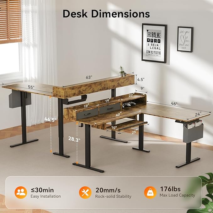 63 Inches Height Adjustable L Shaped Standing Desk with 2 Drawers and Keyboard Tray, Electric Sit to Stand Home Office Comupter Table, Ergonomic Corner Gaming Desk, Rustic Brown
