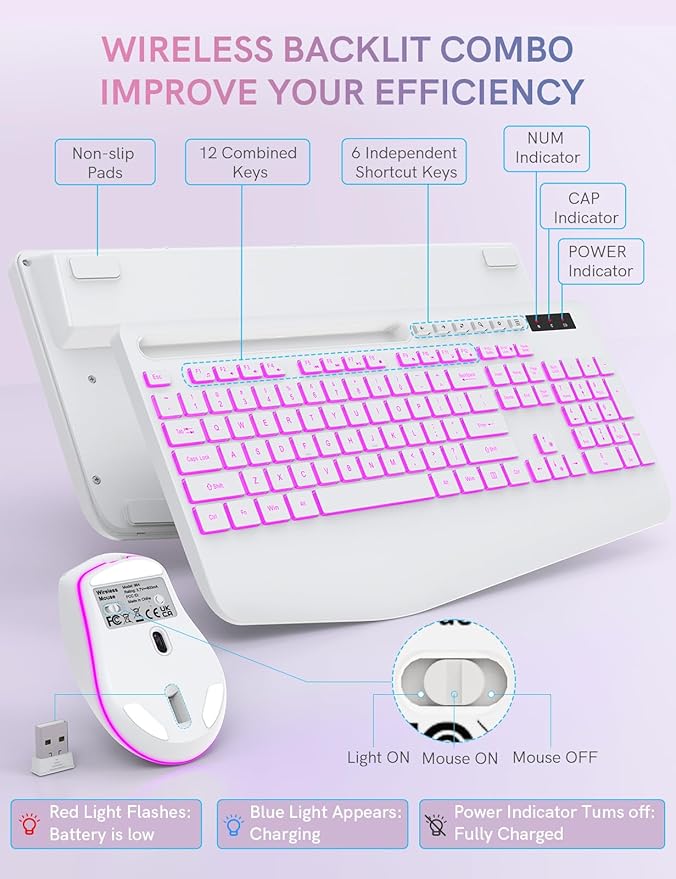 Trueque Wireless Keyboard and Mouse Combo with 7 Colored Backlits, Wrist Rest, Rechargeable Ergonomic Keyboard with Phone Holder, Silent Lighted Full Size Combo for Windows, PC, Laptop (Cloud White)
